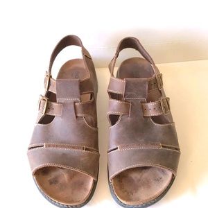 BioStep Mens Brown Leather sandals 10 adjustable straps Cork footbed Comfort